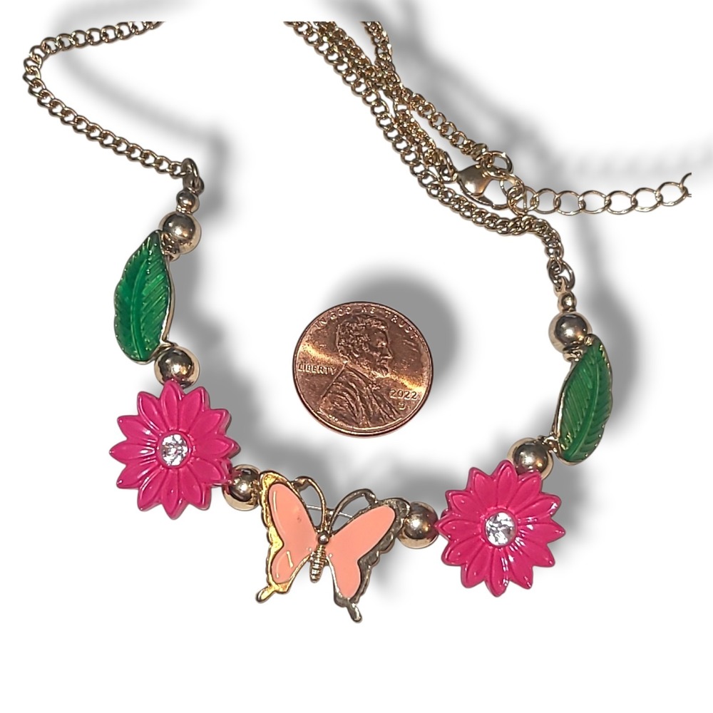 Enamel Flower Butterfly Necklace Rhinestone Gold Tone 16"-18" Adjustable Chain - Picture 3 of 3